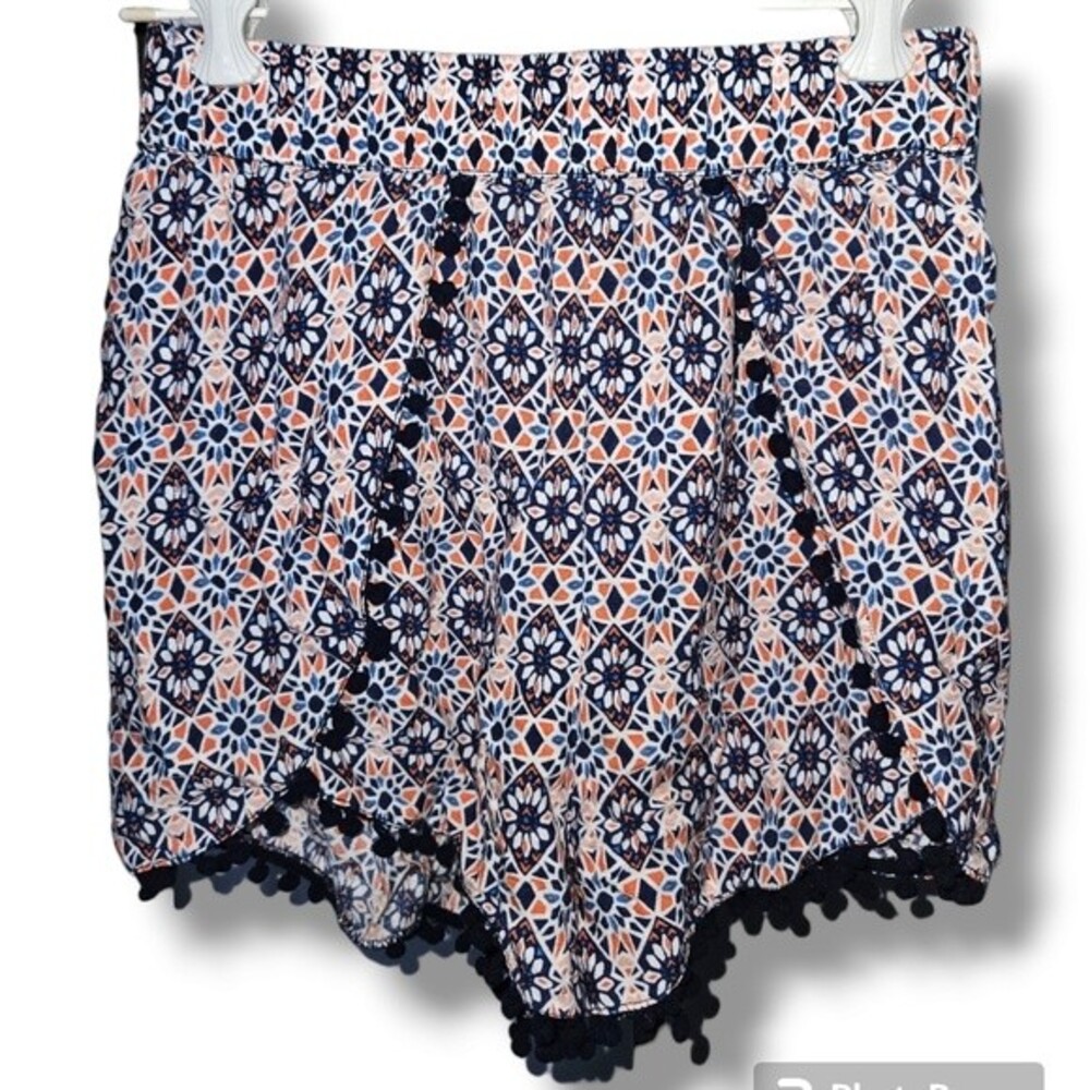 H&M Divided Mosaic Tile White Orange Boho Shorts 2 Blue Pom Pom Trim Flowy